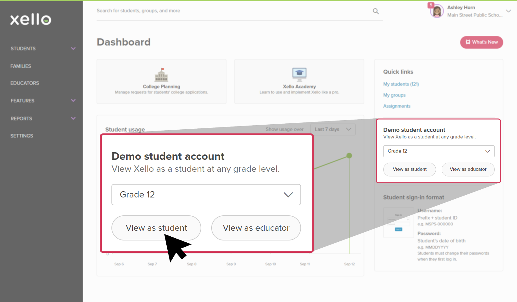 Educator dashboard in Xello. In the section called My Demo Student Account, cursor is hovering over View As Student